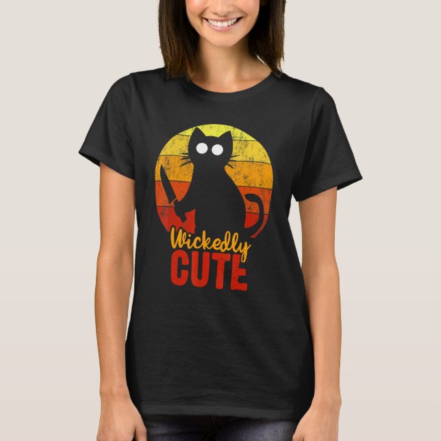 Camiseta Gato Curioso Com Uma Faca De Halloween (Frente)