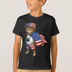 Camiseta Gato da Bandeira Americana Vermelho Branco Azul Pa