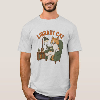 Camiseta Gato da Biblioteca Lendo Livro Ilustração Amante d