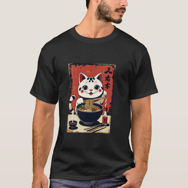 Camiseta Gato da Sorte Maneki Neko Sopa Ramen Sortuda Amule (Frente)