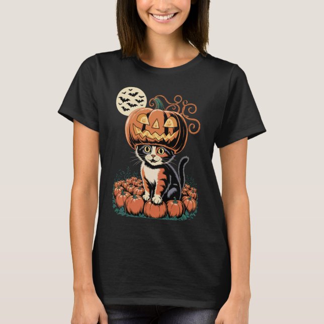 Camiseta Gato de Abóbora de Halloween (Frente)