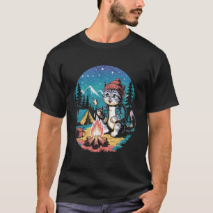 Camiseta Gato de Acampamento Assando Marshmallow Fogueira A