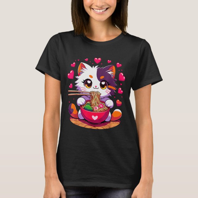 Camiseta Gato de Anime Comendo Macarrão com Corações Valent (Frente)
