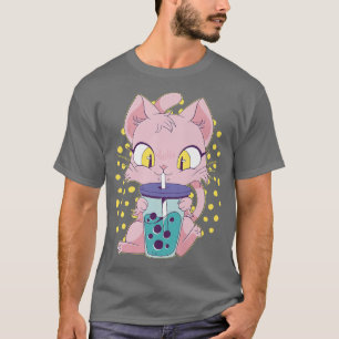 Camiseta Gato de anime japonês Boba Tea Japonês Gato Engraç