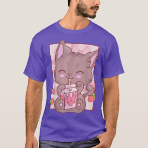 Camiseta Gato De Animo Para Mulheres Raparigas Kawaii Straw