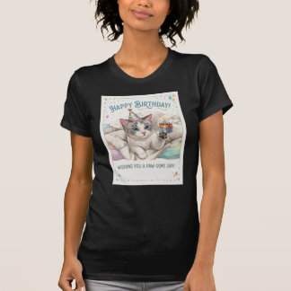 Camiseta Gato de aniversário fofo com chapéu de festa e pre