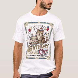 Camiseta Gato de Aniversário Idade Vintage Arte Vetorial S