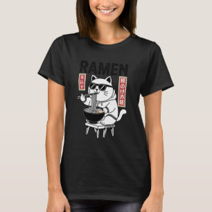 Camiseta Gato de Aparência Legal Comendo Ramen ao Estilo Ja