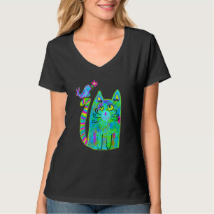 Camiseta Gato De Arte Colorida Com Pássaro Azul Para Gato