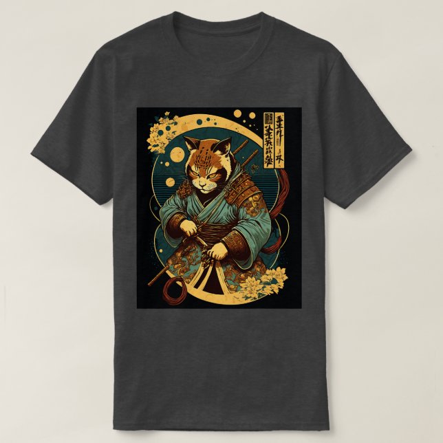 Camiseta Gato de Arte Japonês Ninja Ukiyoe Samurai Cat (Frente do Design)