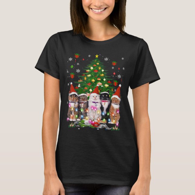 Camiseta Gato de Árvore de Natal Feliz e Engraçado de Natal (Frente)