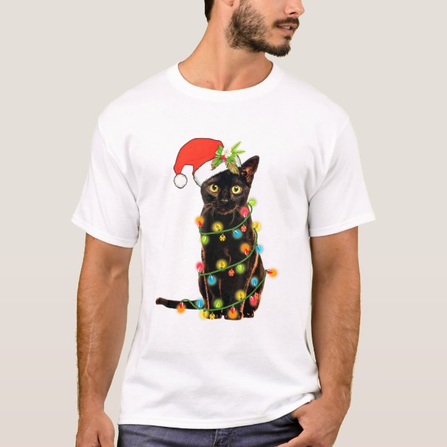 Camiseta Gato de Árvore de Natal Feliz e Engraçado de Natal (Frente)