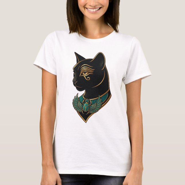 Camiseta Gato de Basteta Egípcio Antigo com Colar de Scarab (Frente)