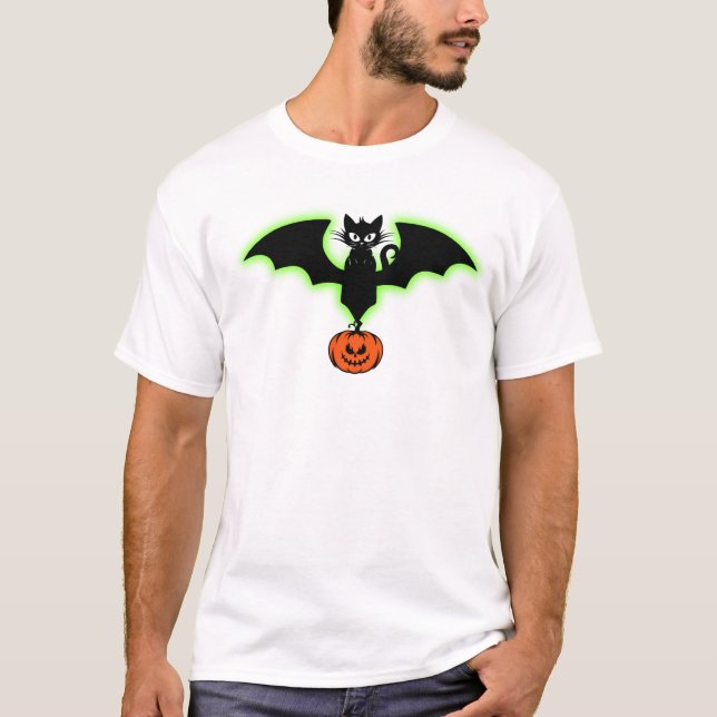 Camiseta Gato de Bat Wing e Halloween de Pumpkin (Frente)