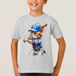 Camiseta Gato de beisebol jovem de uniforme com seu taco!