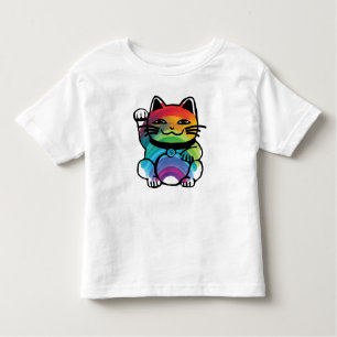Camiseta Gato de Boa Sorte Japonês com Arco-Íris