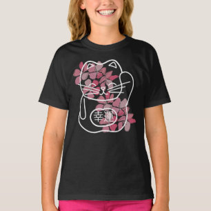 Camiseta Gato de Boa Sorte Japonês com Flores Sakura Rosa