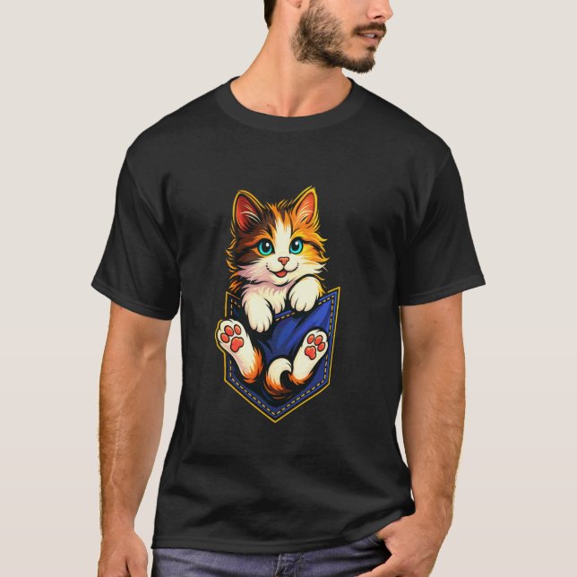 Camiseta Gato de Bolso Adorável com Visual de Jeans Azul (Frente)