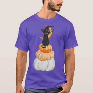 Camiseta Gato De Bruxa Bonita Na Pumpkin Com Lua Atrás Do H