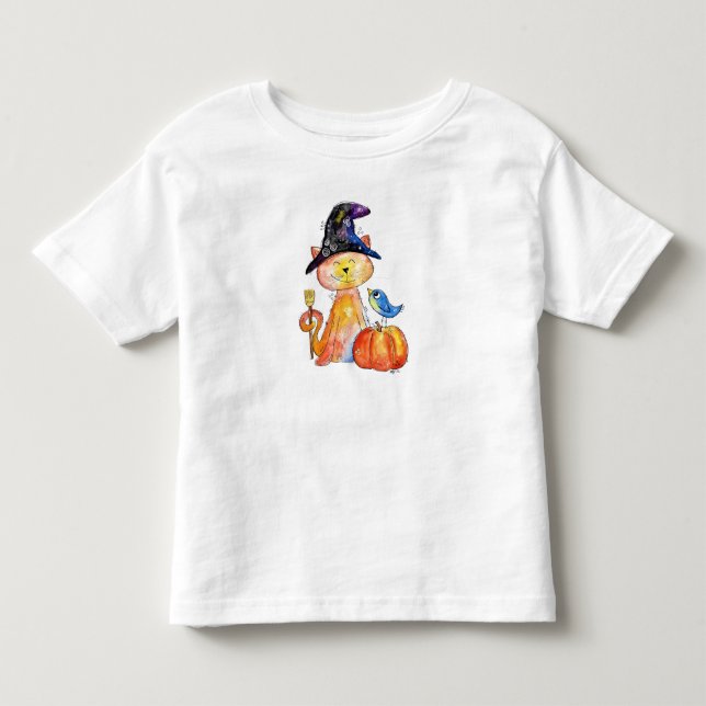 Camiseta Gato de Bruxa Branca com Pumpkin (Frente)