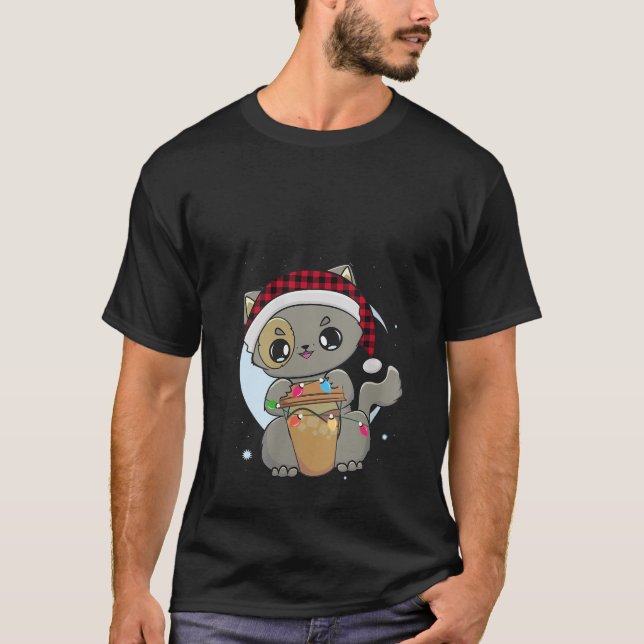 Camiseta Gato de café, caneca Kawaii Neko Kitten Natal (Frente)