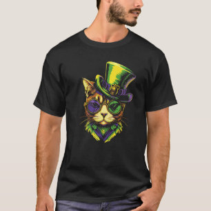 Camiseta Gato de Carnaval Com Óculos de Chapéu