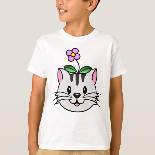 Camiseta Gato de Cartoon Bonito com Flor na Cabeça (Frente)