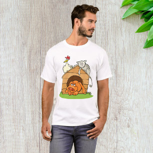 Camiseta Gato de Cartoon Engraçado e Galinha no Cachorro