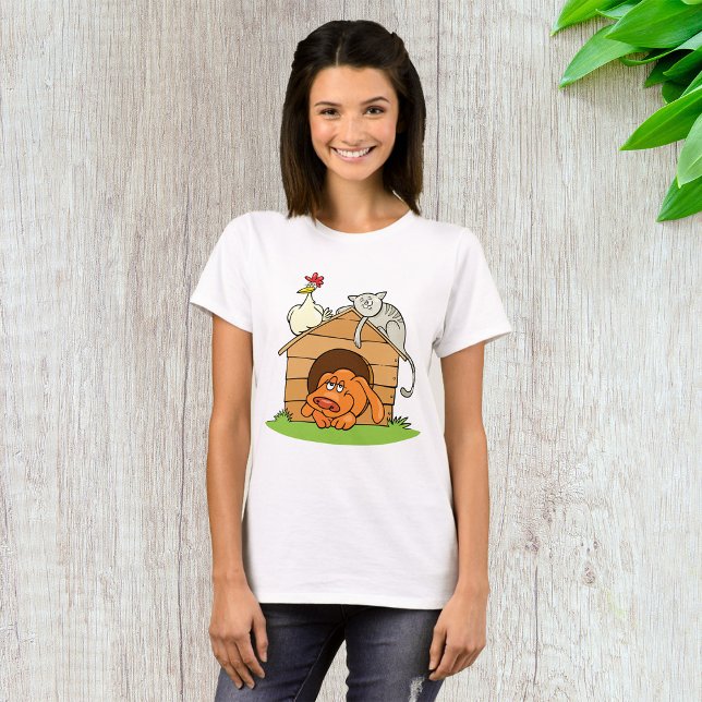 Camiseta Gato de Cartoon Engraçado e Galinha no Cachorro (Criador carregado)