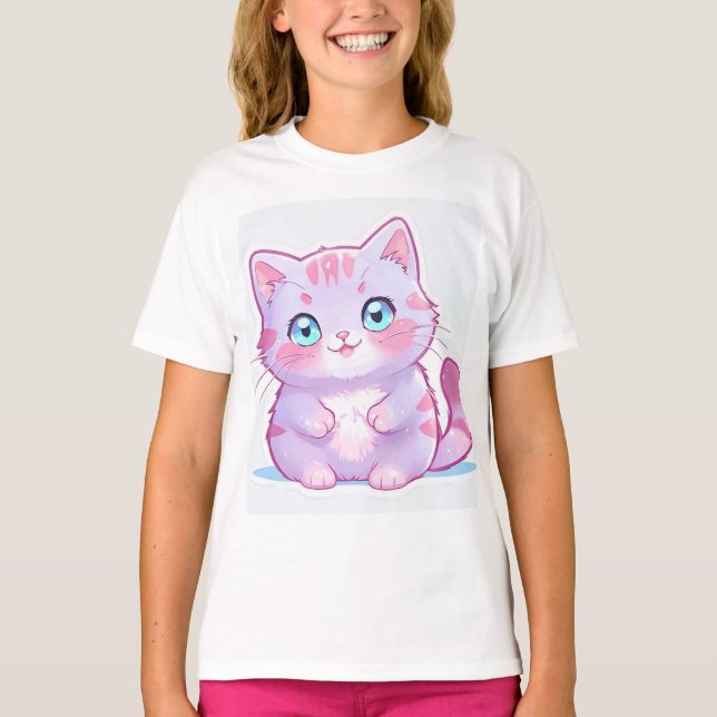 Camiseta Gato de Cartoon Púrpura de Pastel Adorável para Ra (Frente)