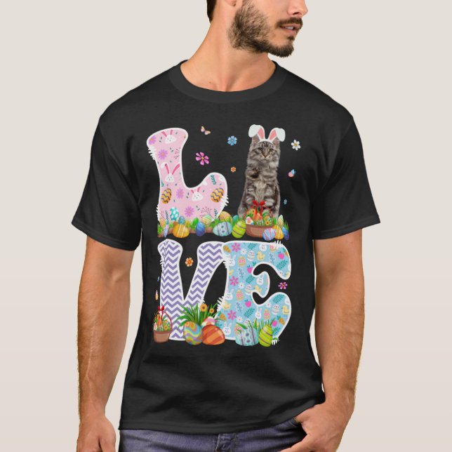 Camiseta Gato De Casca Com Maine Com Cesta De Ovo De Páscoa (Frente)