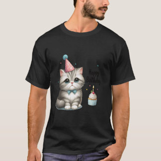 Camiseta Gato de Celebração de Aniversário Adorável Chapéu 