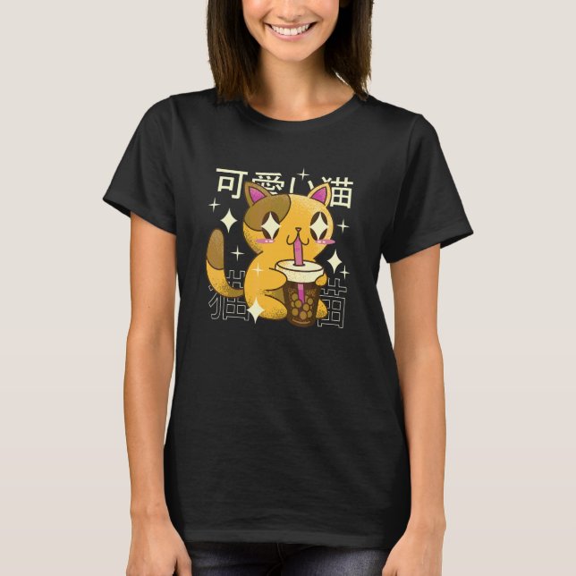 Camiseta Gato de Chá com Bolhas Bebendo Chá Boba (Frente)