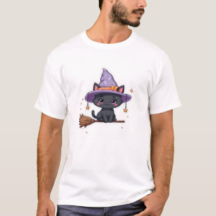 Camiseta Gato de Chapéu de Bruxa Amigável  Kawaii Pastel Fo