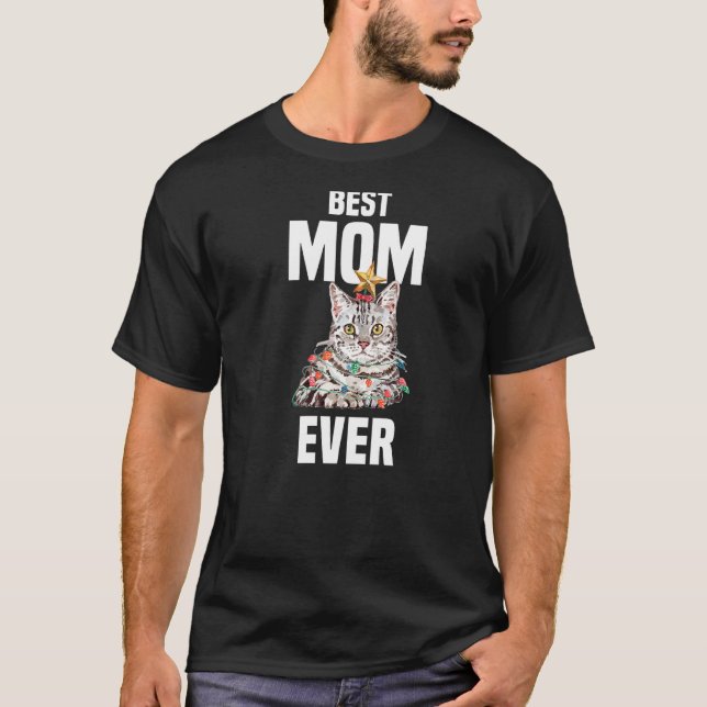Camiseta Gato de cinza bonito com luzes de fada Melhor Mãe  (Frente)
