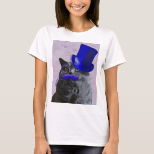 Camiseta Gato de Cinza com chapéu azul e bigode