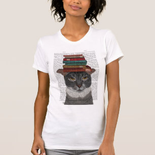 Camiseta Gato de Cinza com Livros na Cabeça