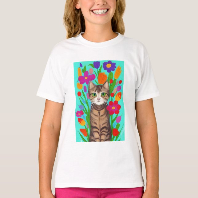 Camiseta Gato de Cinzas Bonitas com Flores Coloridas (Frente)