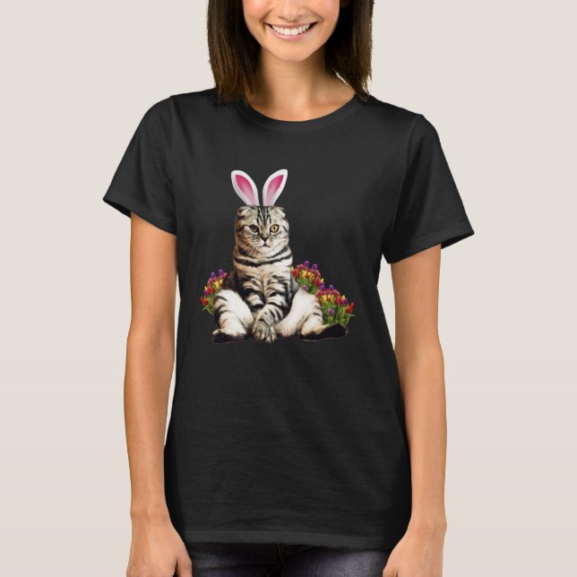Camiseta Gato de coelho da flor da páscoa Ca (Frente)