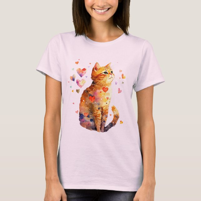 Camiseta Gato de Comprimido Bonito com Corações (Frente)