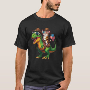 Camiseta Gato de Cowboy Divertido Andando em Dinossauro Ban