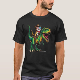 Camiseta Gato de Cowboy Engraçado Montando Dinossauro Bande