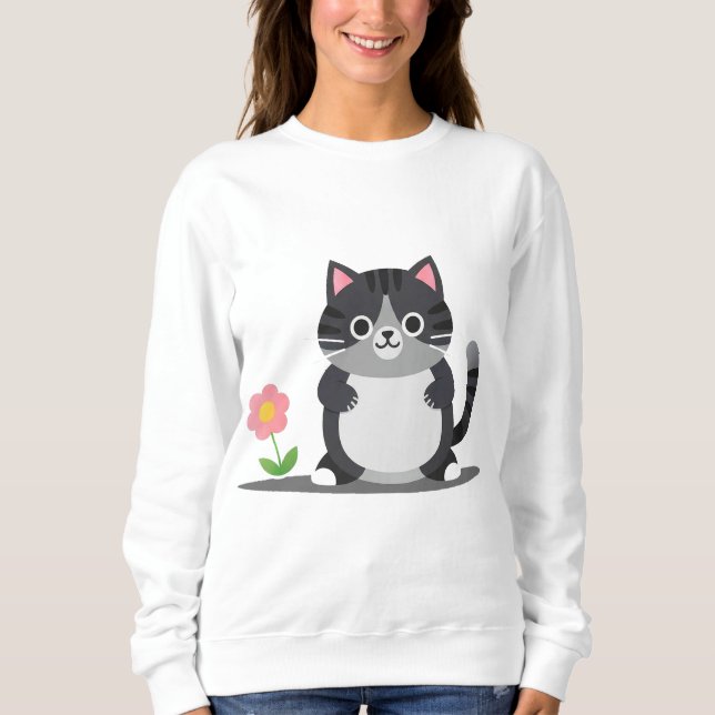 Camiseta Gato de Desenho Adorável Com Flor (Frente)
