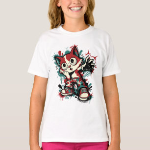 Camiseta Gato de Desenho Animado com Grafite Fofa