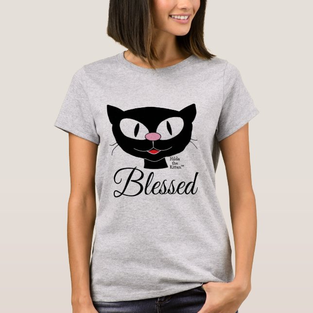 Camiseta Gato de Desenho Animado Espiritual Sorridente e Ab (Frente)