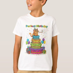 Camiseta Gato de Desenho Animado Fofo de Aniversário Perfei