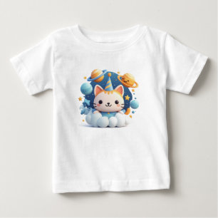 Camiseta Gato de desenho animado fofo na nuvem com chapéu d