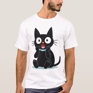 Camiseta Gato de desenho animado preto surpreso
