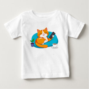 Camiseta Gato de Desenho Animado Relaxado Com Controle Remo