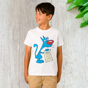 Camiseta Gato de Desenho Azul Mal-Humorado com Lista de Exi